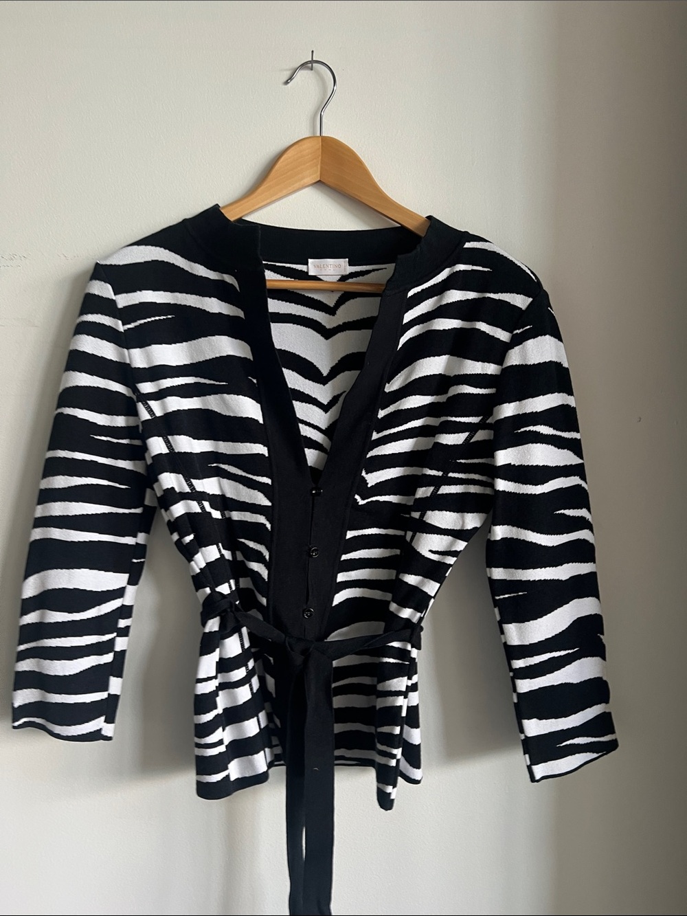 Valentino Black and White Zebra-Stripe Cardigan with Tie